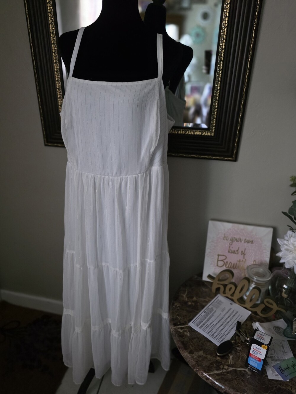 White & Gold Accent Detail Tiered Chiffon Sundress Maxi Tea Dress